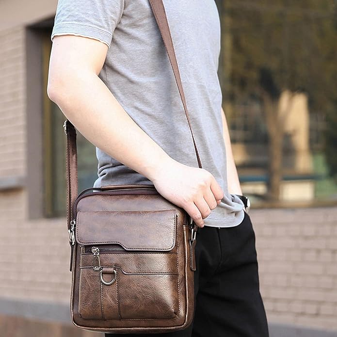Small Crossbody Bag, Mens Shoulder Bag, Vintage leather Bag Office Business for Men, Handbag Purse Zipper