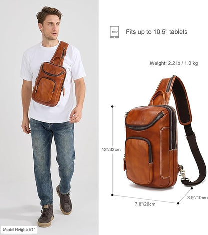 LANNSYNE Vintage Full Grain Leather Sling Bag Crossbody Chest Daypack | Vintage, Full Grain, Leather, Chest