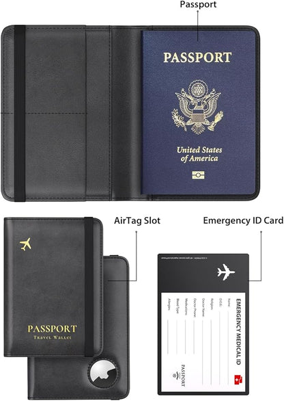 Stouchi AirTag Passport Holder, Slim Passport Holder Family with Airtag Slot, RFID Passport Wallet Cover for Men, PU Leather Passport Case, Anti-Lost Travel Accessories, Black