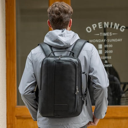 Masa Kawa Slim Leather 15.6" Laptop Backpack for Men Convertible Briefcase Backpacks Expandable Black Business Work Bag Slim Travel Daypack