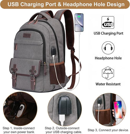 Mactso Canvas Travel Laptop Backpack for Men Women, Business Work Rucksack College Computer Bag Fits 17.3 Inch Notebook,Bookbag with USB Charging Port (Grey, 17.3 Inch)