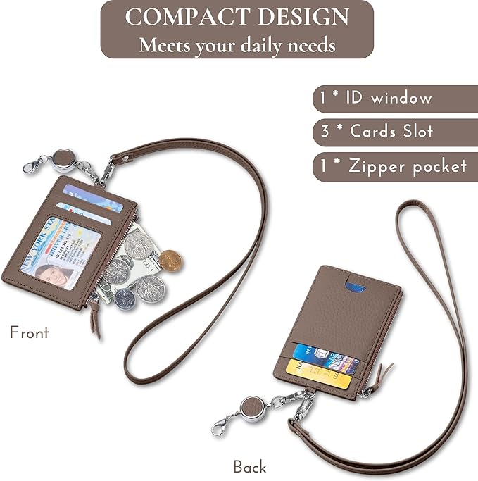 2-in-1 Leather ID Badge Holder with Wallet for Work, Multifunction ID Case with Credit Card Slots & Cash Coin Pocket, Slim Wallet with Lanyard for Women Men Nurse Teacher (Dark Hkaki)