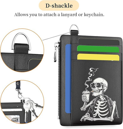 Hancynir Slim Wallet Women Credit Card Holder, Skull Skeleton RFID Blocking Small Mini Card Wallets, Funny Front Pocket PU Leather Card Case, Thin Travel Zipper Coin Cash Ladies Female Wallet Gifts