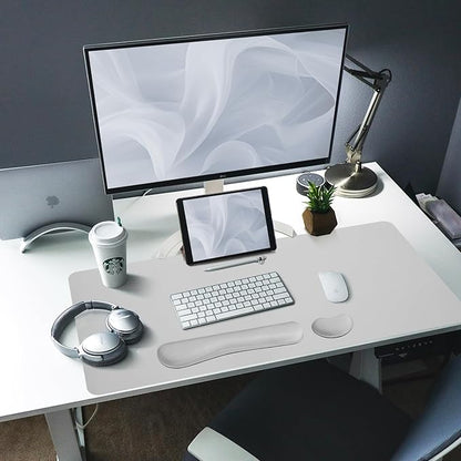 Bloss Leather Desk Pad and Keyboard Wrist Rest, Large Mouse Pad + Keyboard Pad+Mouse Wrist Support, Non-Slip Desk Mat Protector for Office, Home(35.4×15.7 Inches, Light Grey)