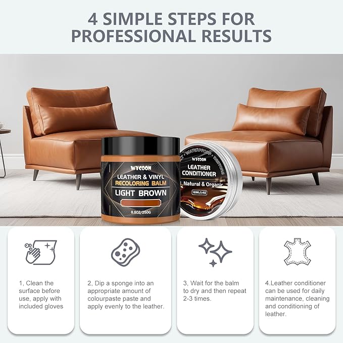 Leather Recoloring Balm with 100ml Mink Oil Conditioner | Light Brown Repair Kit, Dye & Color Restorer for Furniture, Sofa,Car Seats, Bags | Restore Faded & Scratched Surfaces