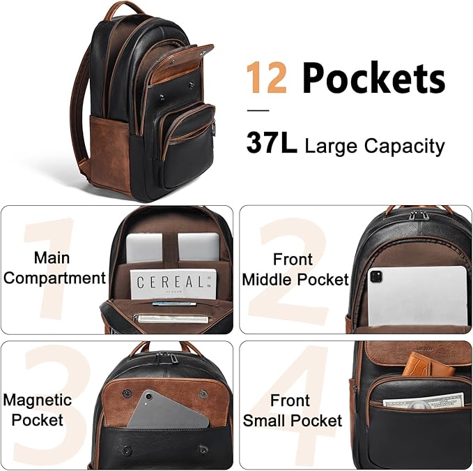 Leresas 37L Backpack Purse for Women Mens for Work Travel Back Pack Vegan Leather Business Teacher Book Bag Fashion Computer Daypack Back Pack Brown Black