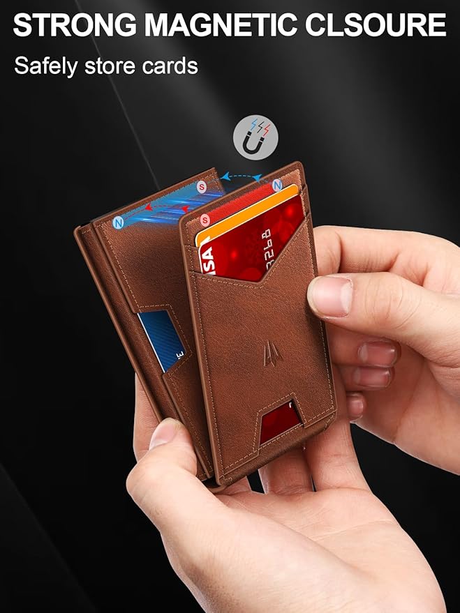 Wallet for Men, Slim Minimalist Wallet with Money Clip＆ID Window, RFID Blocking Pop-Up Credit Card Holder, Smart Auminum Mens Wallet Holds 9-13 Cards (Gift Box) (Red Brown)