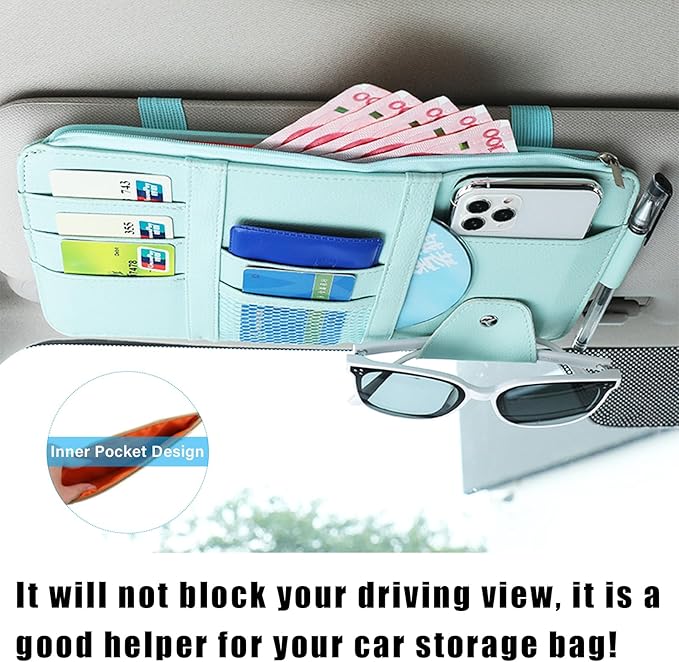Augeny Car Sun Visor Organizer, Leather Personal Belonging Storage Pouch with Zipper, Car Visor Storage Pouch Sunglasses Holder, Auto Interior Accessories Pocket Organizers (Blue)