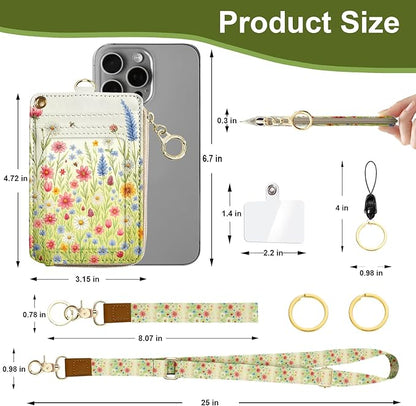 Floral Lanyard Wallet, PU Leather Lanyards for ID Badges, RFID Blocking, ID Badge Holder with Zipper Pocket Detachable Phone Lanyard Keychain Wristlet for Office School Business