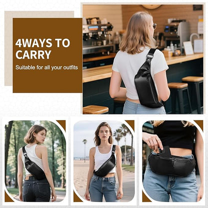 Faux Leather Belt Bag for Women, Crossbody Fanny Pack with Adjustable Strap, Back Zipper Pocket, Large Capacity Waist Pack for Travel, Concerts, Black