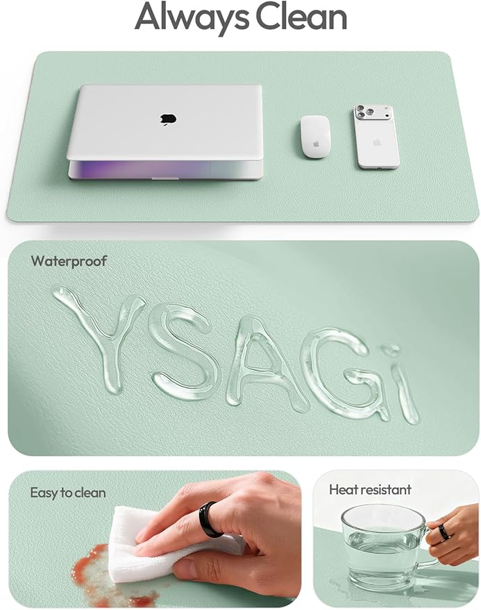 YSAGi Leather Desk Protector, Office Mat, Large Mouse Mat, Non-Slip PU Leather Blotter, Laptop Desk Pad, Waterproof Writing Pad for Office and Home (Pale Green, 35.4" x 17")