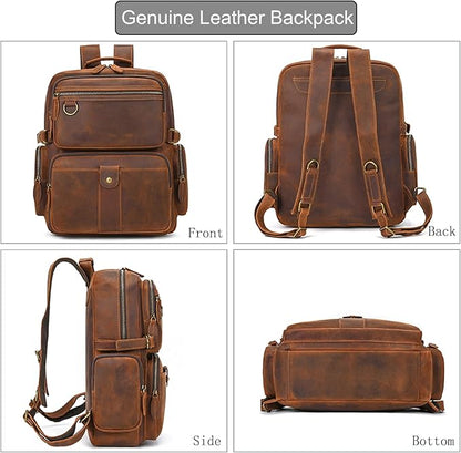 LUUFAN Full-grain Leather Laptop Backpack for Men Large Capacity Crazy Horse Leather Daypack Business Travel Outdoor Shoulder Bag, Brown