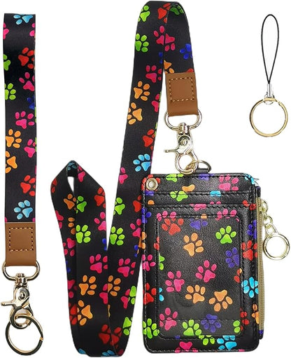 Bolimoss Cute Dog Paw Print ID Card Holder with Lanyard and Keychain for Women, School, Teacher, Nurse, Office Work