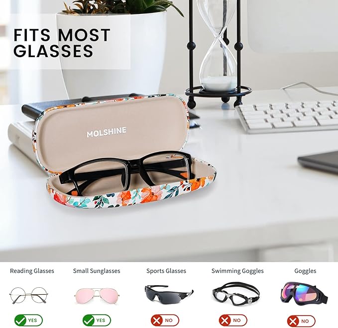 molshine Hard Shell PU Leather Glasses Case,Travel Portable Eyeglass Case for Men Women Girl Travel Study Work