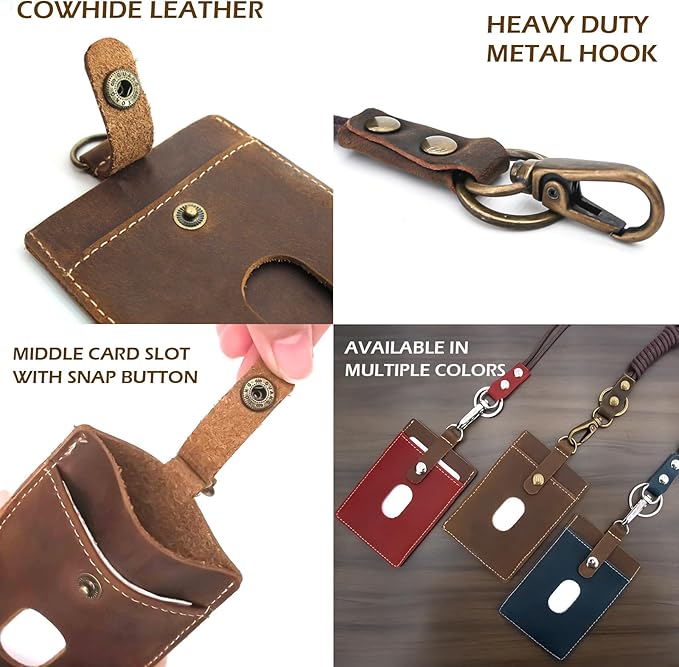 Badge Holder: Boshiho Cowhide Leather ID Badge Card Holder with 19" Neck Lanyard, Vertical Style (Brown)