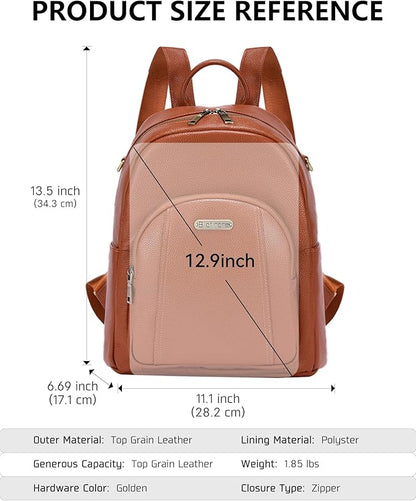 Blofinche Women's Genuine Leather Backpack Purse, 12.9 Inch Laptop Backpack with Anti-Theft Pocket, Stylish Leather Bag for Work & College, Fashion Brown