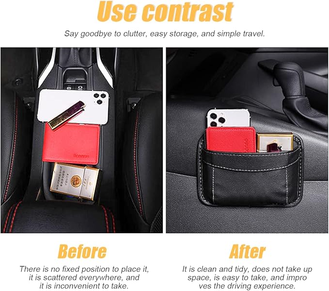 Car Seat Side Pocket Organizer, PU Leather Mini Storage Bag for Auto Door Window Console, Pen Phone Holder Tray Pouch Vehicle Seat Gap Filler for Organize Document, Registration, Notepad (Black)