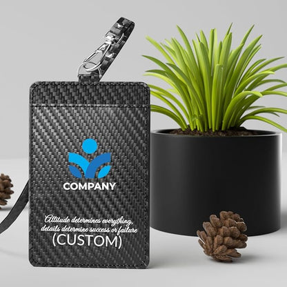 Carbon Fiber Work ID Card Holder with Lanyard is a Stylish and Durable Card Holder with Dual Card Capacity, Clear Display Window and Privacy Back Pocket (with Logo)