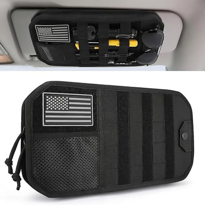 Denchy Molle Car Sun Visor Organizer with Zipper Storage Pouch and Sunglasses Holder Clip, Tactical Sunvisor Organizers for Trucks, Universal Molle Panel Accessories for Truck SUV Police Car Gear