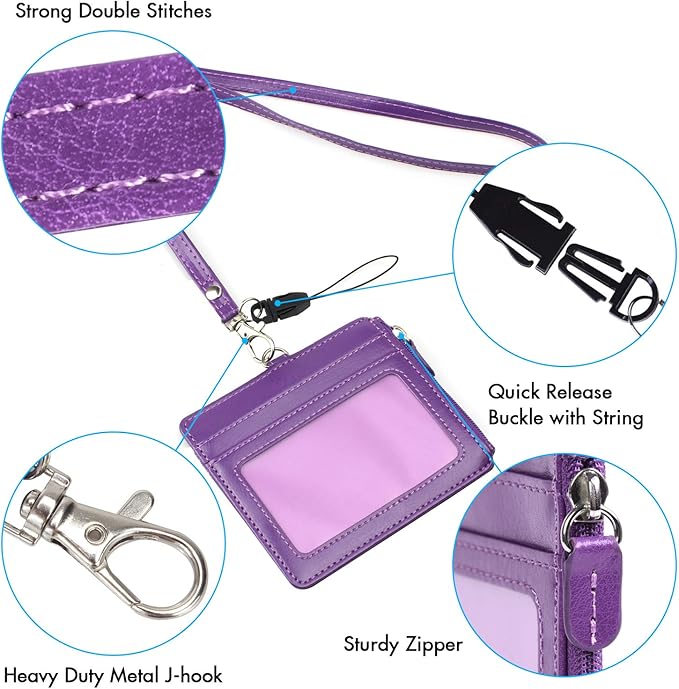 Badge Holder with Zip, Wisdompro 2-Sided PU Leather ID Badge Holder with 1 ID Window, 4 Card Slots, 1 Side Zipper Pocket and 1 piece 20 Inch PU Neck Lanyard Strap - Purple (Horizontal)