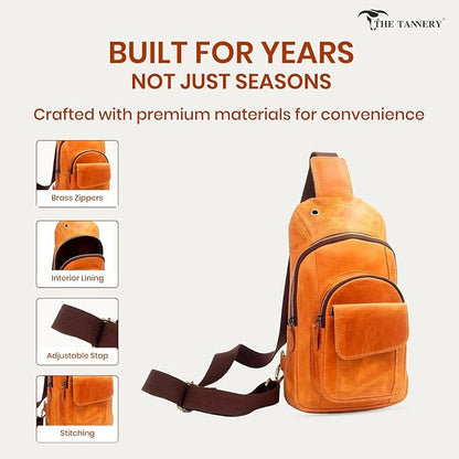 The Tannery Handmade Buffalo Leather Multipurpose Travel Hiking Crossbody Chest Backpack with Adjustable Shoulder Strap, Thanks Giving (Camel Brown, Large)