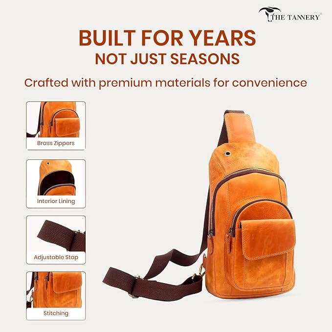 The Tannery Handmade Buffalo Leather Multipurpose Travel Hiking Crossbody Chest Backpack with Adjustable Shoulder Strap, Thanks Giving (Camel Brown, Small)