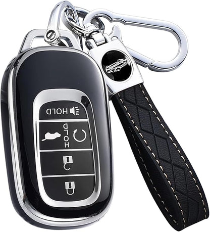 Key Fob Cover for Honda - Premium Soft TPU Shell Full Protection Case with Keychain, Fits HR-V CR-V Pilot Accord Civic Passport, Black 5-Button