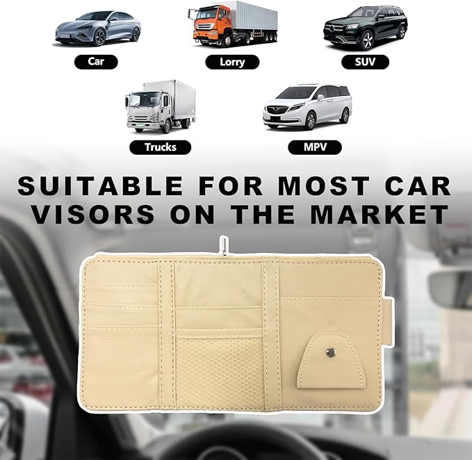 Ohleats Car Sun Visor Organizer, Multifunctional Visor Storage Holder for License Pen Key, Leather Card Cash Pouch with Multi-Pocket Net Zipper, Universal Interior Car Accessories (Beige)
