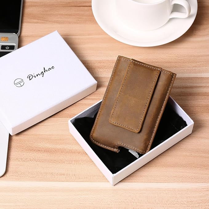 Dinghao RFID Blocking Slim Money Clip Aluminum Wallet Automatic Pop-up Card Case (Texas Brown)