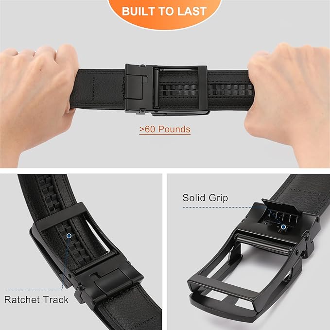 GAEKEAO Ratchet Belt for Men Genuine Leather 1 3/8" - Micro-Adjust Buckle Trim to Fit Dress Belt Casual to Formal Gift Boxed