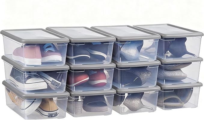 Stackable Plastic Storage Shoebox, BPA-Free Nestable Container with Latching Lid to Organize Shoes, See-Through Box for Home and Office, Multi-Purpose Storage Case, Clear Bins (12 Pack 6 Quart Gray)
