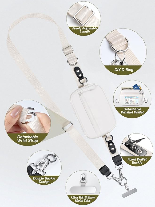 Tiostep Clip and Go Strap for Phone with Wallet Crossbody Phone Lanyard Adjustable and Detachable RFID Wristlet Wallet with ID Window and Zipper, Cream