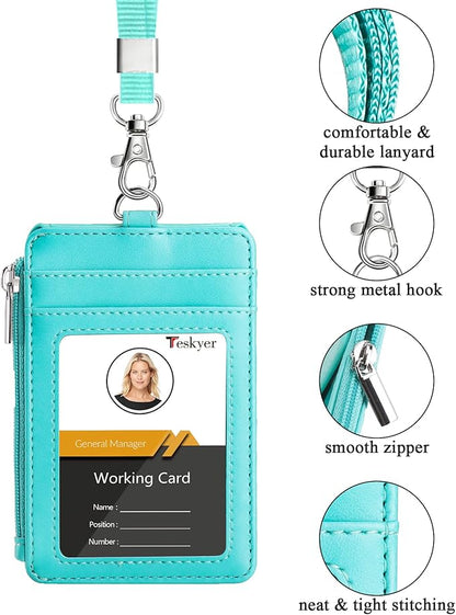 Teskyer Badge Holder with Side Zip Pocket, Multiple Card Slots Leather ID Holder Wallet with Neck Lanyard for Office Staffs, Teachers/Students, Couriers, Workers, Cyan