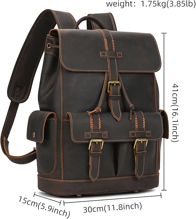 LUUFAN Genuine Leather Backpack for Men Casual Laptop Shoulder Bag Rucksack with Anti-Theft Pocket Travel Daypack, Dark Brown