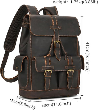 LUUFAN Genuine Leather Backpack for Men Casual Laptop Shoulder Bag Rucksack with Anti-Theft Pocket Travel Daypack, Dark Brown
