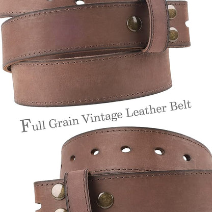NPET Men's Full Grain Leather Belt Vintage Distressed Style with Snap-On Strap 1 1/2" Wide without Buckle