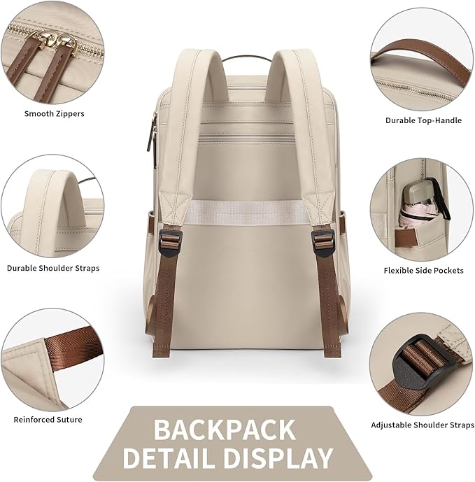 GOLF SUPAGS Stylish Laptop Backpack for Women Airline Approved Perfect for Work College and Travel Multi-Functional Casual Daypack Fits 14 Inch Notebook (Apricot)