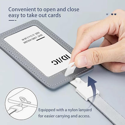 Leather ID Badge Holder with Lanyard for Women and Men, Vertical ID Card Holder, 2 Card Slots, 18 Inch Neck Lanyard for Work, School, Office