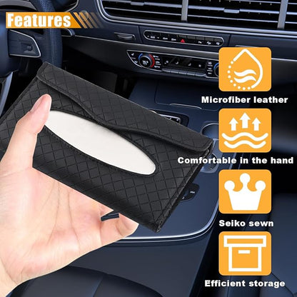 Car Tissue Holder, PU Leather Auto Napkin Holder for Visor & Backseat, Automotive Mask Organizer Case to Keep Vehicle Tidy, Universal Interior Accessories for Sedan Truck SUV (Black)