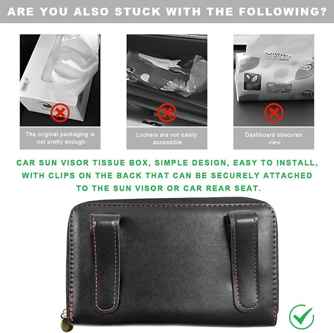 Car Tissue Holder, Sun Visor Napkin Box Premium PU Leather Tissue Case with Zipper, Rectangular Hanging Paper Organizer Mask Dispenser for Sedans SUVs Trucks, Car Accessories (Black)