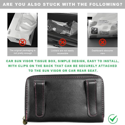 Car Tissue Holder, Sun Visor Napkin Box Premium PU Leather Tissue Case with Zipper, Rectangular Hanging Paper Organizer Mask Dispenser for Sedans SUVs Trucks, Car Accessories (Black)