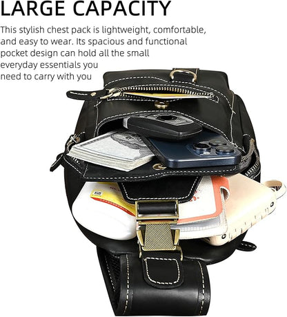 Genuine Leather Hiking Travel DayPack Sling Crossbody Triangle Chest Pack Bag For Men Women 8241 (8241 Dark Black)