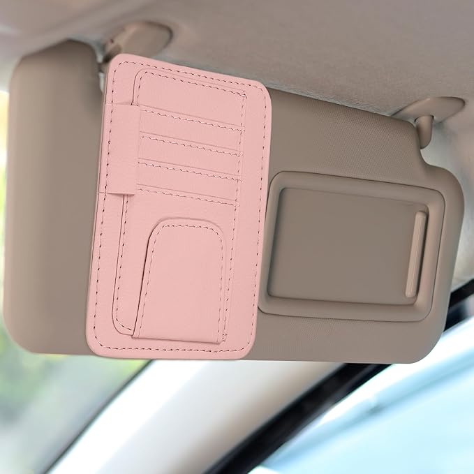 HARFINGTON Car Sun Visor Organizer 6.02" x 4.76" Leather Multi-Pocket Visor Card Sleeve Pocket Car Truck SUV Interior Storage Pouch for Driving License Credit Cards Bills Sunglasses, Pink