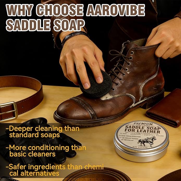Saddle Soap for Leather with Sponge, All-Natural Leather Cleaner and Conditioner kit to Clean, Condition, Protect & Waterproof, Boots, Bags, Shoes, Furniture, Car & Jackets (4.23 oz)