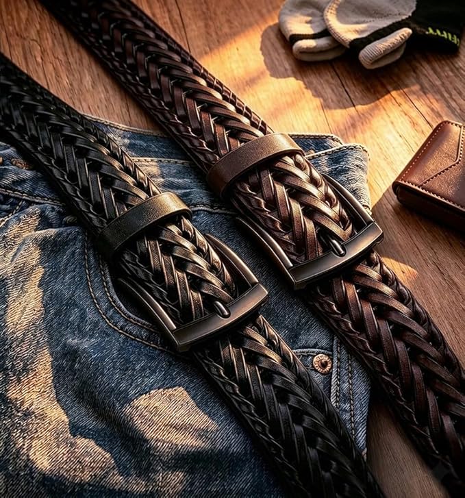 BULLIANT Men Belt 2Pack,Braided Woven Leather Belt For Men Golf Casual Jeans 1 3/8"