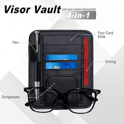 Car Sun Visor Organizer, Sunvisor Organizers with Sunglass Holder & Card Sleeve Pocket, Leather Car Sunglass Holder for Most Vehicle of Trucks, SUVs, Black