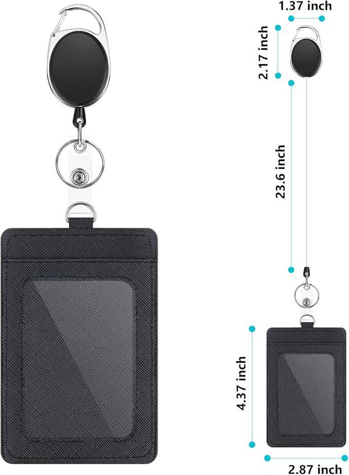 2 Pack Badge Holders and Heavy Duty Retractable Reel Clips Set, Vertical Leather ID Badge Holders with 1 Clear ID Window & 2 Credit Card Slots (Black-2pcs)'