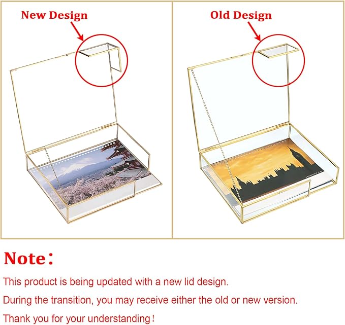 Hipiwe Gold Glass Photo Box - Large Vintage Photo Storage Organizer Box Trinket Jewelry Display Organizer Keepsake Boxes Case Home Decor