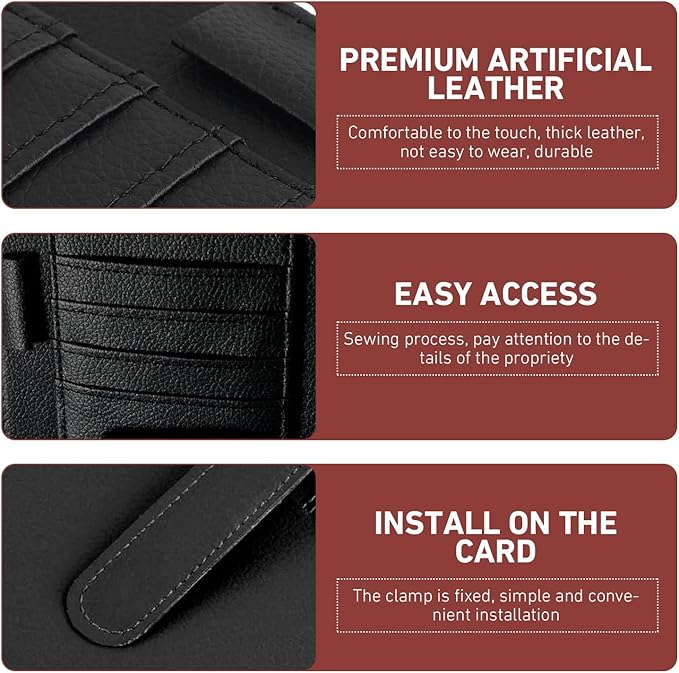 Small Leather Car Sun Visor Organizer, 4.9" x 6.1" Multifunctional Strap-On Document Sunshade Storage Holder for Card Pen Sunglasses License, Universal for Most Cars Trucks SUVs (Black)