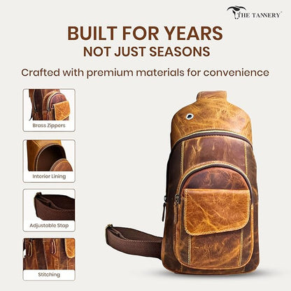 The Tannery Handmade Buffalo Leather Multipurpose Travel Hiking Crossbody Chest Backpack with Adjustable Shoulder Strap, Thanks Giving (Brown, Small)